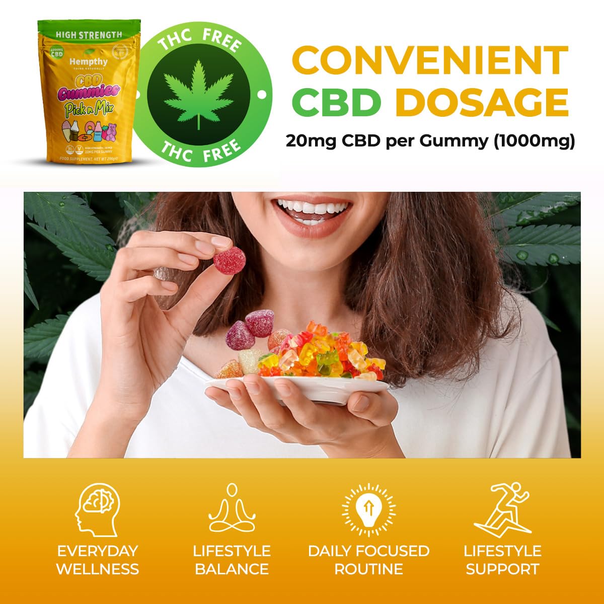 Hempthy CBD Pick n Mix Gummies, High Strength 1000mg, 20mg x 50 Gummies, 1000mg Total CBD, THC Free, Best UK CBD Gummy Bears (50 Pack, Gummy Bears)