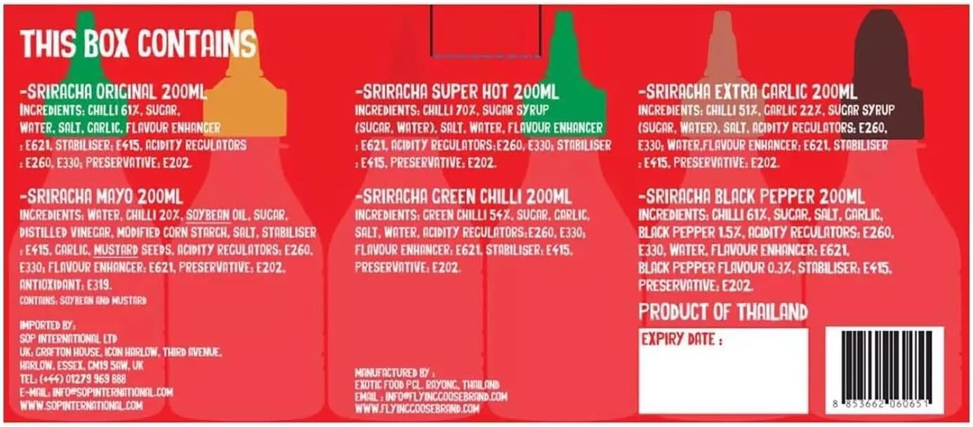 Flying Goose Mixed Pack Sriracha Sauce Set, 6 x 200ml, Black Pepper, Extra Garlic, Green Chilli, Super Hot, Mayo, Original