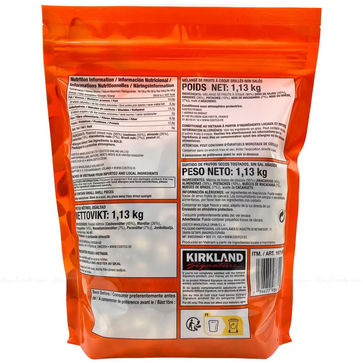 Kirkland Signature Extra Fancy Unsalted Mixed Nuts Cashew Brazil Bag Pack 1.13kg