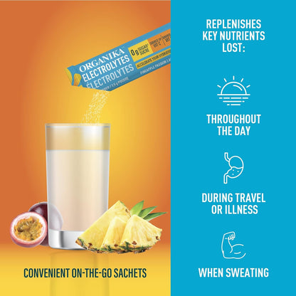 Organika Electrolytes Variety Pack | 45 Sachets | Lemonade, Raspberry, Pineapple Passion Fruit | Sugar Free Drink Mix with 5 Electrolytes & Vitamin C | Hydration & Wellness | Canadian