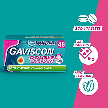 Gaviscon Double Action Tablets, Mint Flavour, 48 Tablets, Indigestion and Heartburn Relief, Indigestion Tablets, Acid Reflux, Antacid, Gets to Work Instantly, Lasts 2X Longer, Antacids
