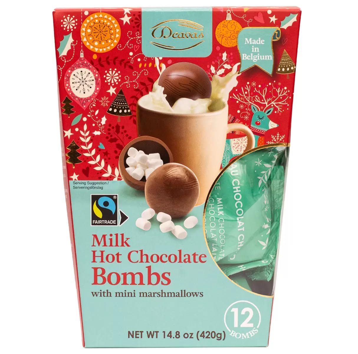 Pearls trading Deavas Milk Hot Chocolate Bombs with Mini Marshmallows, 12 Pack with mini marshmallows 420g, Made in Belgium
