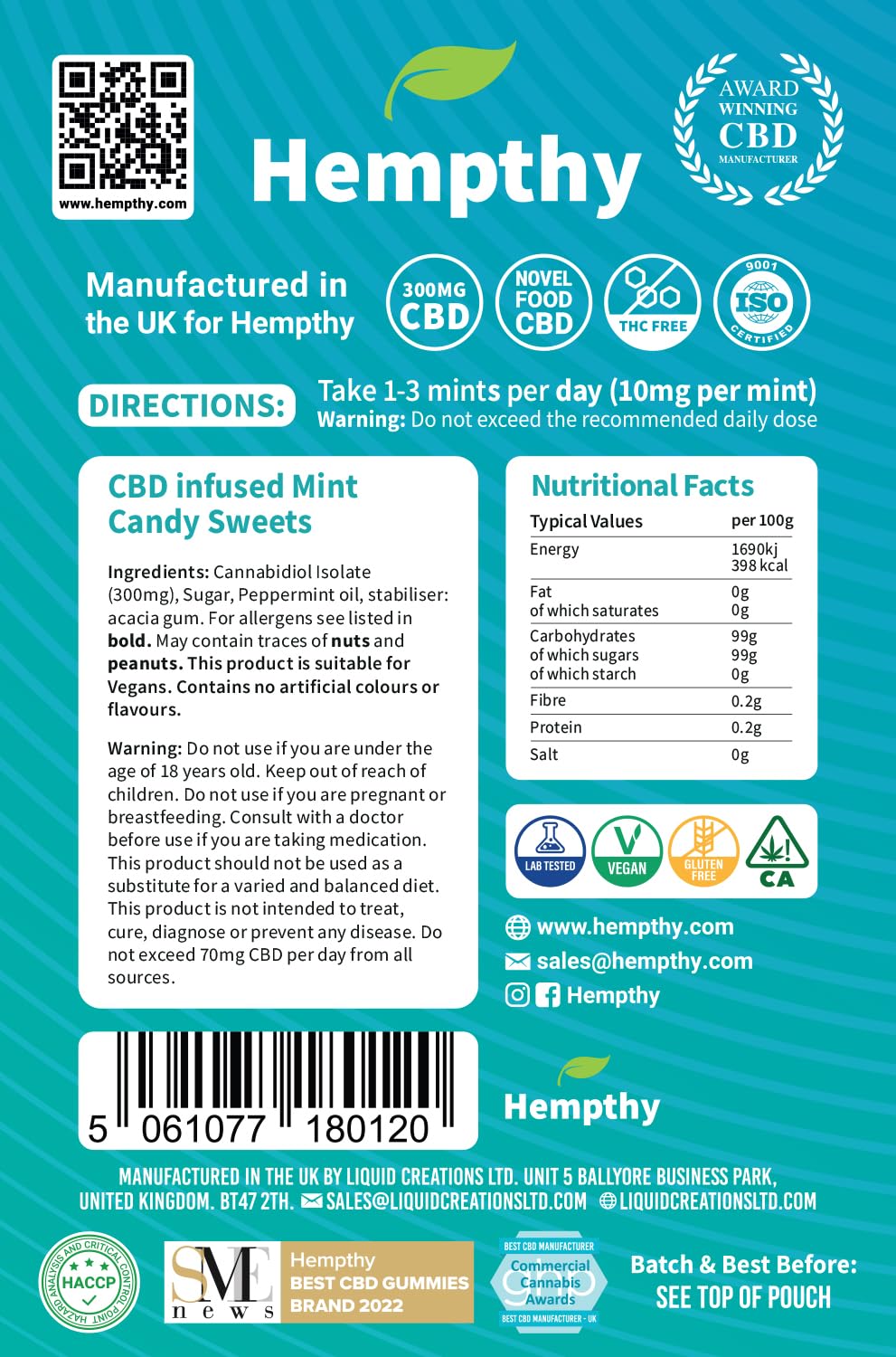 Hempthy 300mg CBD High Strength Mints, Imperial Mint Flavour Made with Real CBD Oil, Vegan, Non-GMO, Alternative to CBD Gummies, Improved Purity, No THC, 30pack (30 Days)