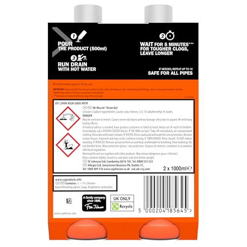Mr Muscle Drain Unblocker Liquid (2 x 1L), Sink & Drain Cleaner, Strong & Fast Acting Heavy Duty Gel Formula, Dissolves Clogs, Works 3x Better Than Bleach, Safe for All Pipes