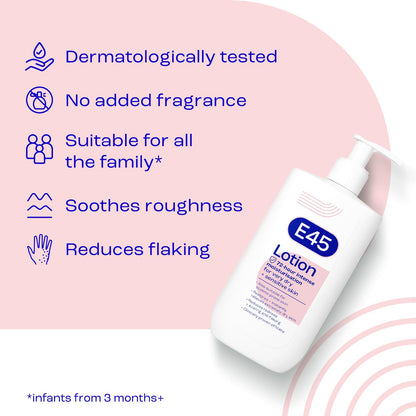E45 Dermatological Moisturising Lotion 200 ml – Body Lotion – Daily Moisturiser for Long-Lasting Hydration for Dry Skin and Sensitive Skin – Protect from Dryness, Reduce Redness and Flaking