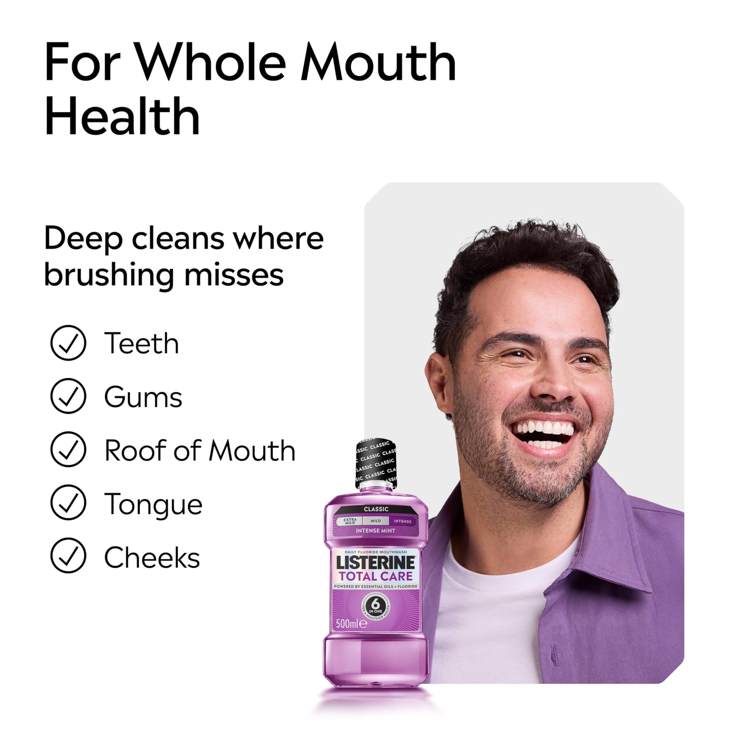 Listerine Total Care Intense Taste Classic Antibacterial Mouthwash (1000ml), Fresh Mint Blast Flavour With 6-in-1 Benefits