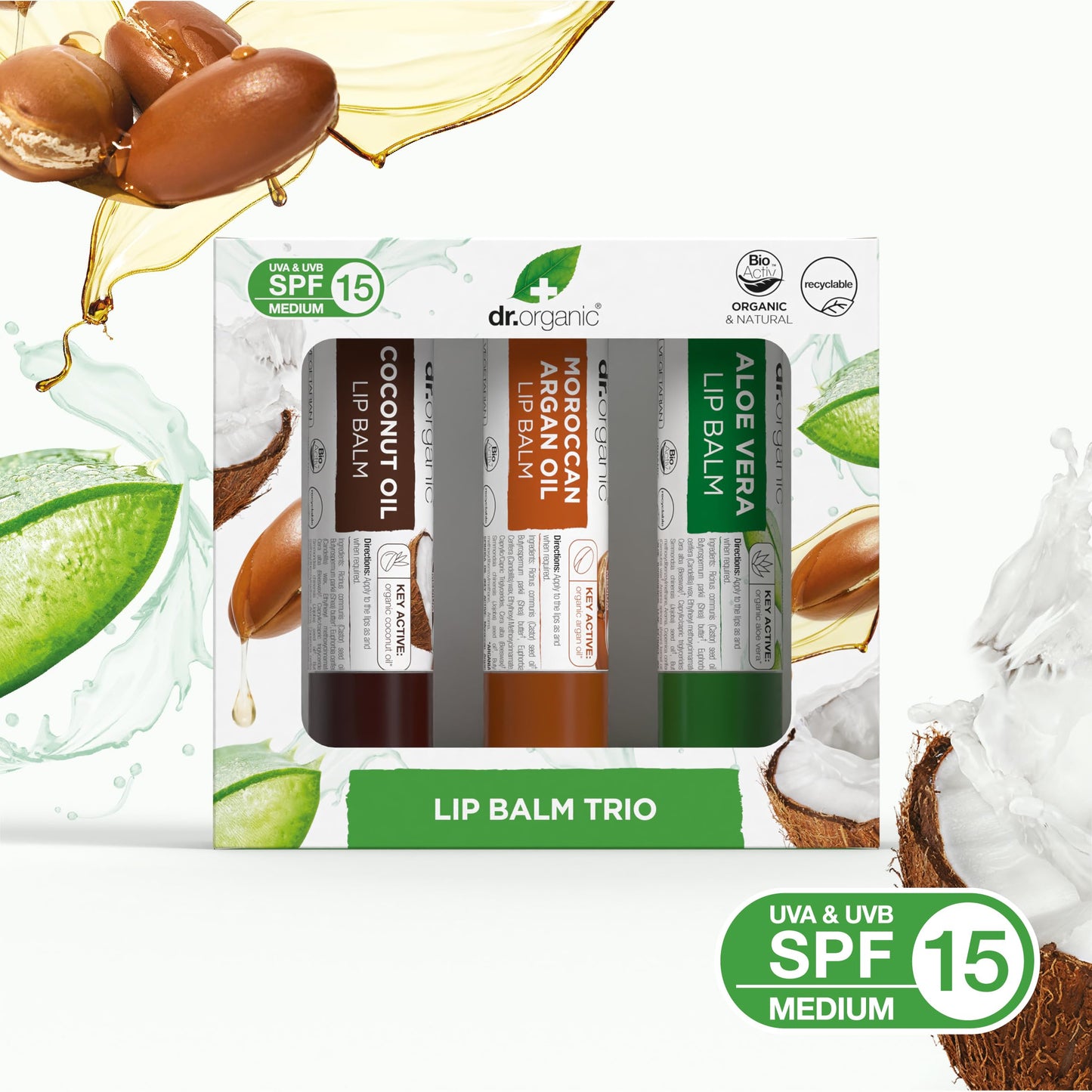 Dr Organic Lip Balm Gift Set, Moisturising, SPF 15, Assorted Multipack with Aloe Vera, Argan Oil, Coconut Oil, Natural, Vegetarian, Cruelty-Free, Paraben & SLS-Free, Organic, 5.7ml