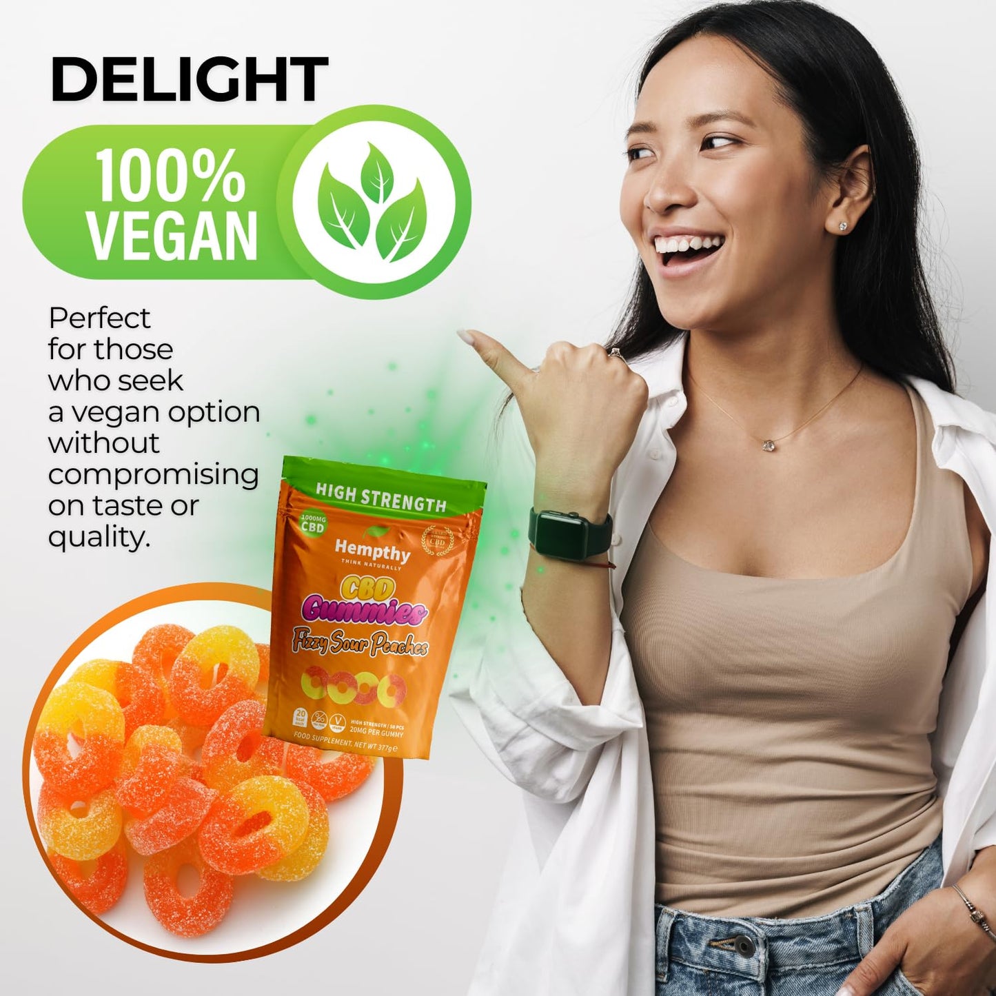 Hempthy CBD Fizzy Sour Peaches - 1000mg High Strength CBD Gummies for Adults - THC Free, Best UK Edible CBD Gummies - 20mg x 50!