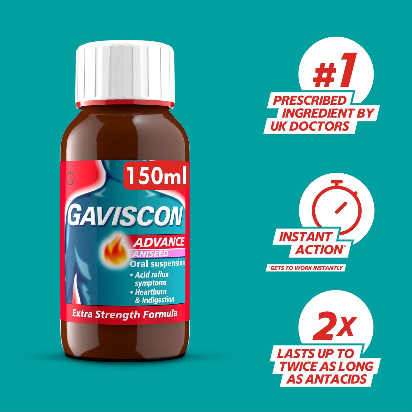 Gaviscon Advance Extra Strength Heartburn & Indigestion Liquid, Aniseed Flavour, 150ml, Pack of 6