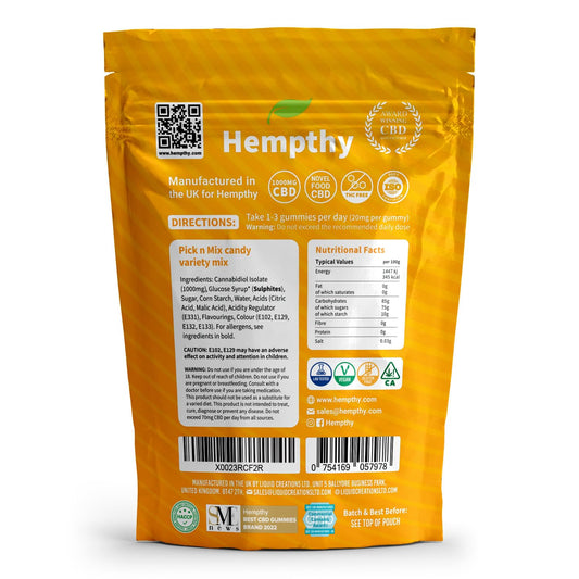 Hempthy CBD Pick n Mix Gummies, High Strength 1000mg, 20mg x 50 Gummies, 1000mg Total CBD, THC Free, Best UK CBD Gummy Bears (50 Pack, Gummy Bears)