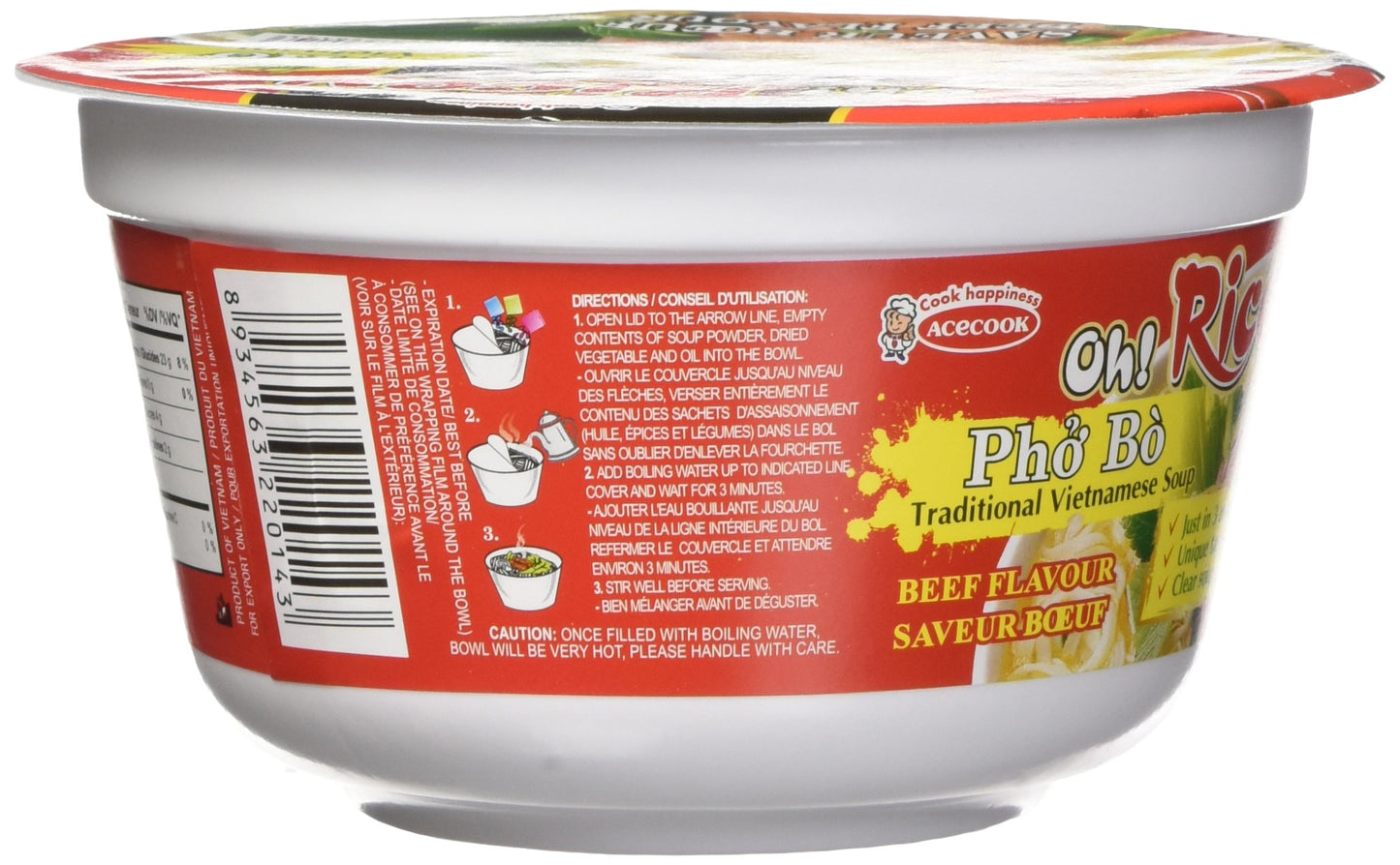 ACECOOK Oh Ricey Instant Rice Noodle Beef Bowl, 70 g - Pack of 12