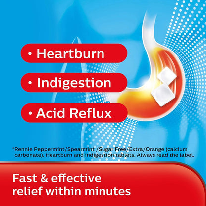 Rennie Antacids, Peppermint Flavour Heartburn Relief and Indigestion Tablets, Fast and Effective Relief for Acid Reflux, 1 Pack of 72 Tablets