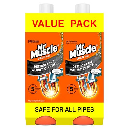 Mr Muscle Drain Unblocker Liquid (2 x 1L), Sink & Drain Cleaner, Strong & Fast Acting Heavy Duty Gel Formula, Dissolves Clogs, Works 3x Better Than Bleach, Safe for All Pipes
