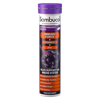 Sambucol Natural Black Elderberry Immuno Forte Effervescent Tablets | Vitamin C | Zinc | Immune System Supplement | 15 Tablets