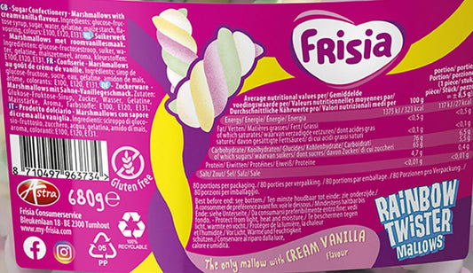 Frisia Rainbow Marshmallow Sweets Bulk - Delivered in a Genuine Old Scool Sweets Box 680g Twister Cable Mallows Confectionery with Cream Vanilla Tub