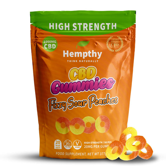 Hempthy CBD Fizzy Sour Peaches - 1000mg High Strength CBD Gummies for Adults - THC Free, Best UK Edible CBD Gummies - 20mg x 50!