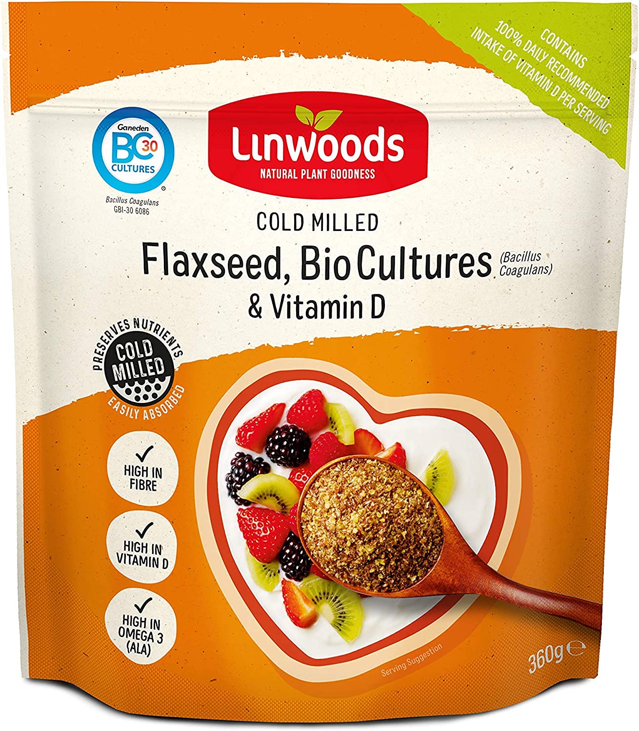 Linwoods Milled Flaxseed with Bio Cultures & Vitamin D 360g, High in vitamin D, High in Fibre, High in Omega 3 (ALA), Source of Protein, maintenance of normal bones and teeth, reduction of tiredness, Maintenance of normal blood cholesterol levels