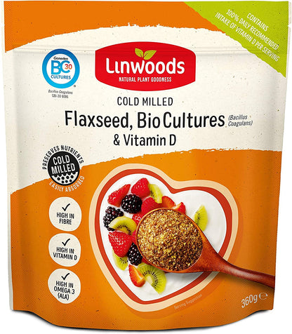 Linwoods Milled Flaxseed with Bio Cultures & Vitamin D 360g, High in vitamin D, High in Fibre, High in Omega 3 (ALA), Source of Protein, maintenance of normal bones and teeth, reduction of tiredness, Maintenance of normal blood cholesterol levels