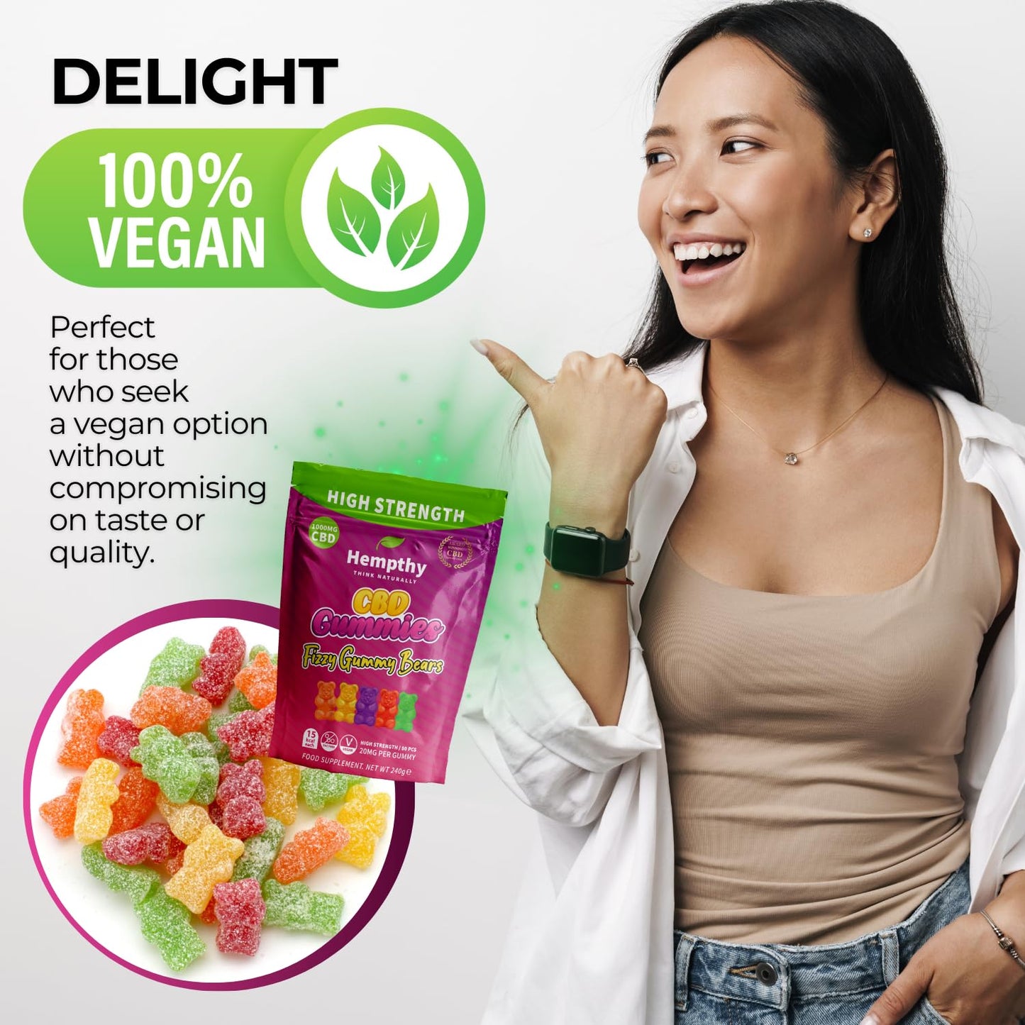Hempthy High Strength CBD Gummies 1000mg, 20mg x 50 Gummies, HIGH Strength CBD Gummy Bears, 1000mg Total CBD, THC Free, Best UK CBD Gummy Bears