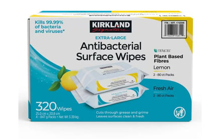 Kirkland Signature Extra-Large Antibacterial Surface Wipes, Lemon/Fresh Air Scent 320 pack