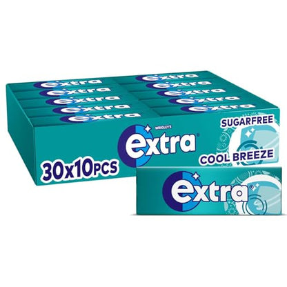 Wrigley Extra Chewing Gum Sugar Free, Cool Breeze Flavour, 30 Packs of 10