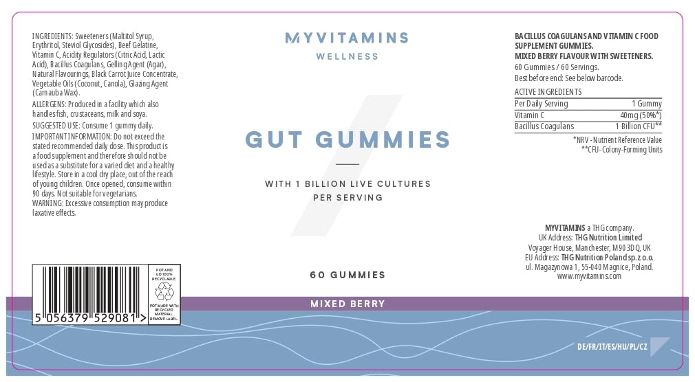 Myprotein Gut Gummies – Probiotic Gummies with Vitamin C – Supports Digestion, Gut Health & Immune System – Mixed Berry Flavor – Gluten-Free – 60 Gummies