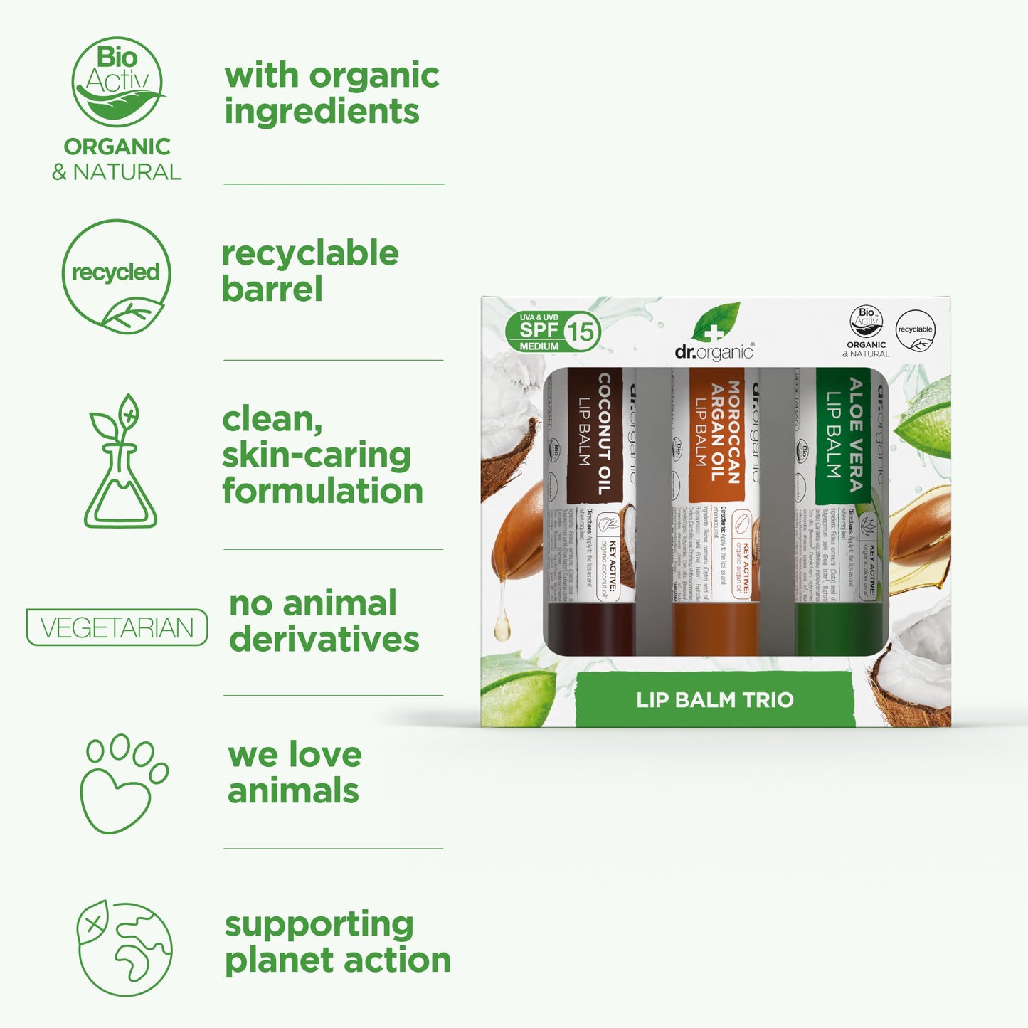 Dr Organic Lip Balm Gift Set, Moisturising, SPF 15, Assorted Multipack with Aloe Vera, Argan Oil, Coconut Oil, Natural, Vegetarian, Cruelty-Free, Paraben & SLS-Free, Organic, 5.7ml