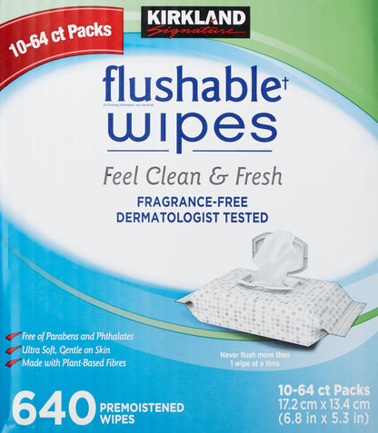 Kirkland Signature Premoistened Flushable Wipes, Fragrance Free, 640 - Count