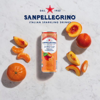 San Pellegrino Italian Sparkling Drinks Zero Sparkling Peach & Clementine Canned Soft Drink 12 x 330ml, 21kCals per can