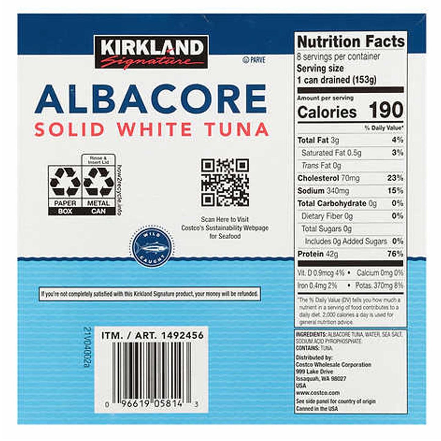 Kirkland Signature Albacore Solid White Tuna 8 Cans - 7 oz Each (198 g Each)