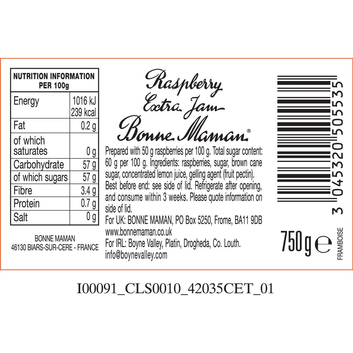 Bonne Maman Raspberry Conserve Breakfast Extra Jam Product of France Jar 750g