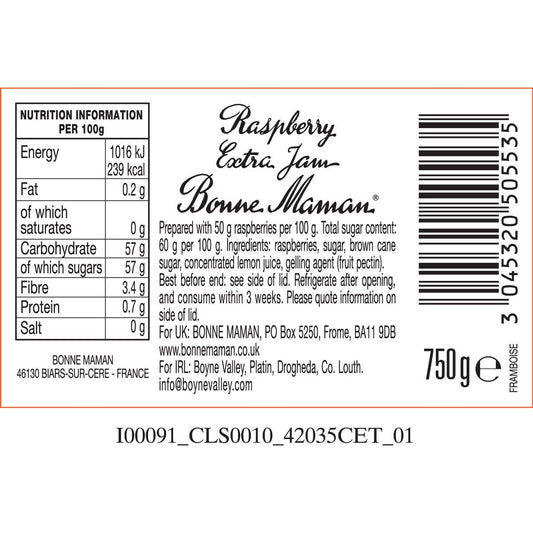 Bonne Maman Raspberry Conserve Breakfast Extra Jam Product of France Jar 750g